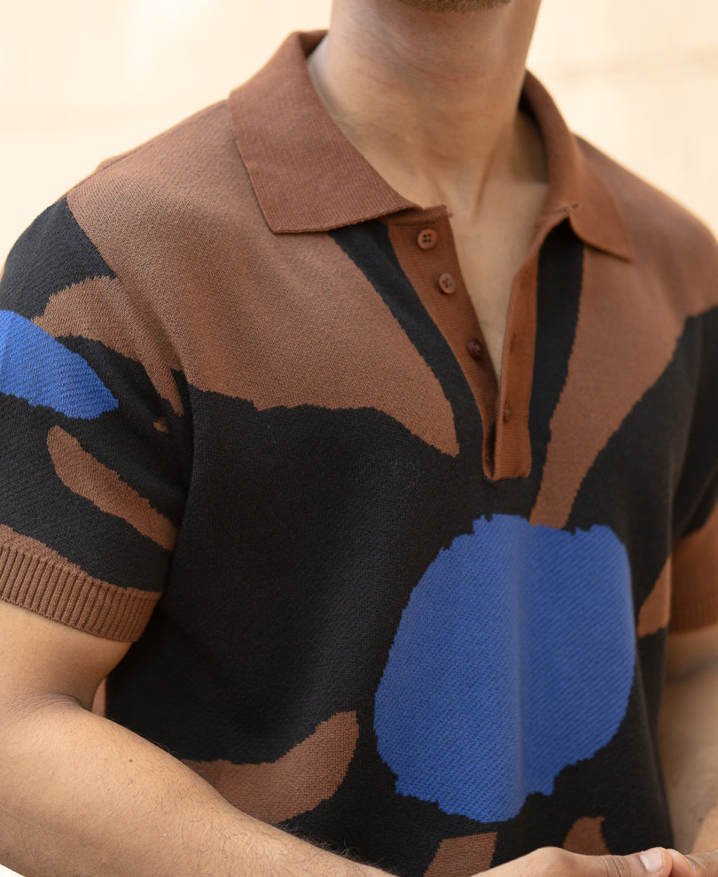Brown Floral Knit Polo T-Shirt