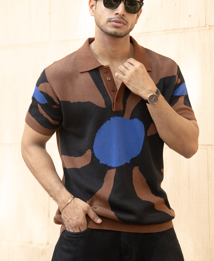 Brown Floral Knit Polo T-Shirt