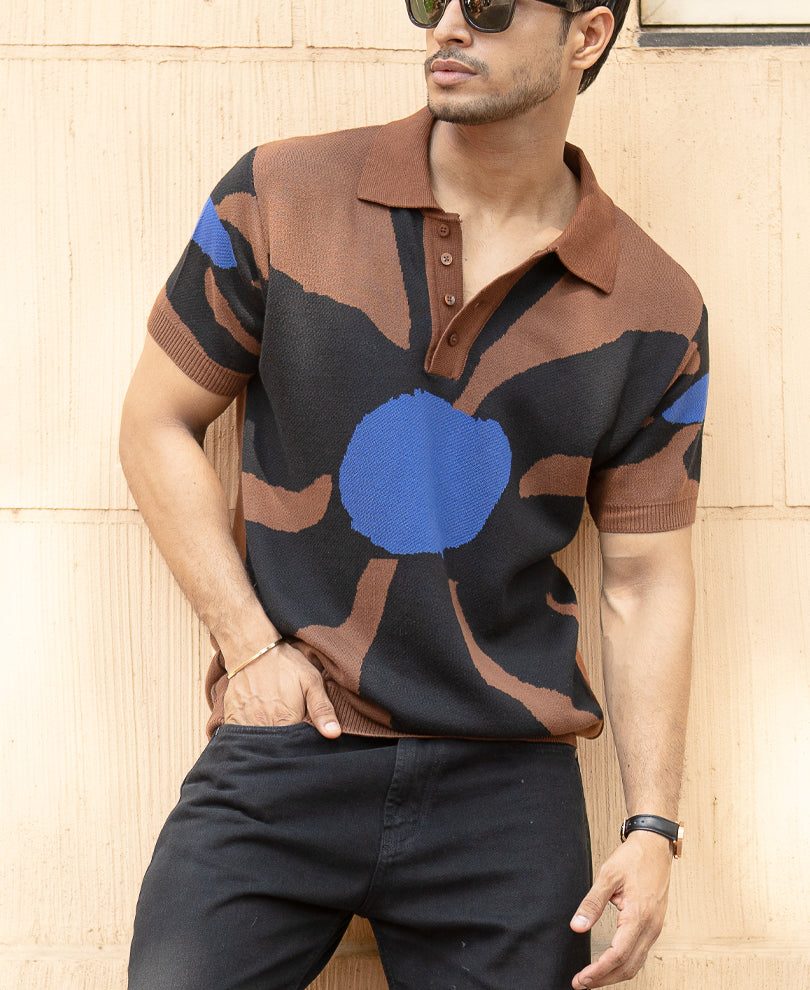 Brown Floral Knit Polo T-Shirt