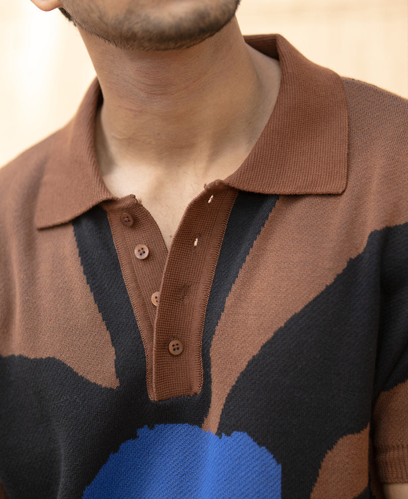 Brown Floral Knit Polo T-Shirt