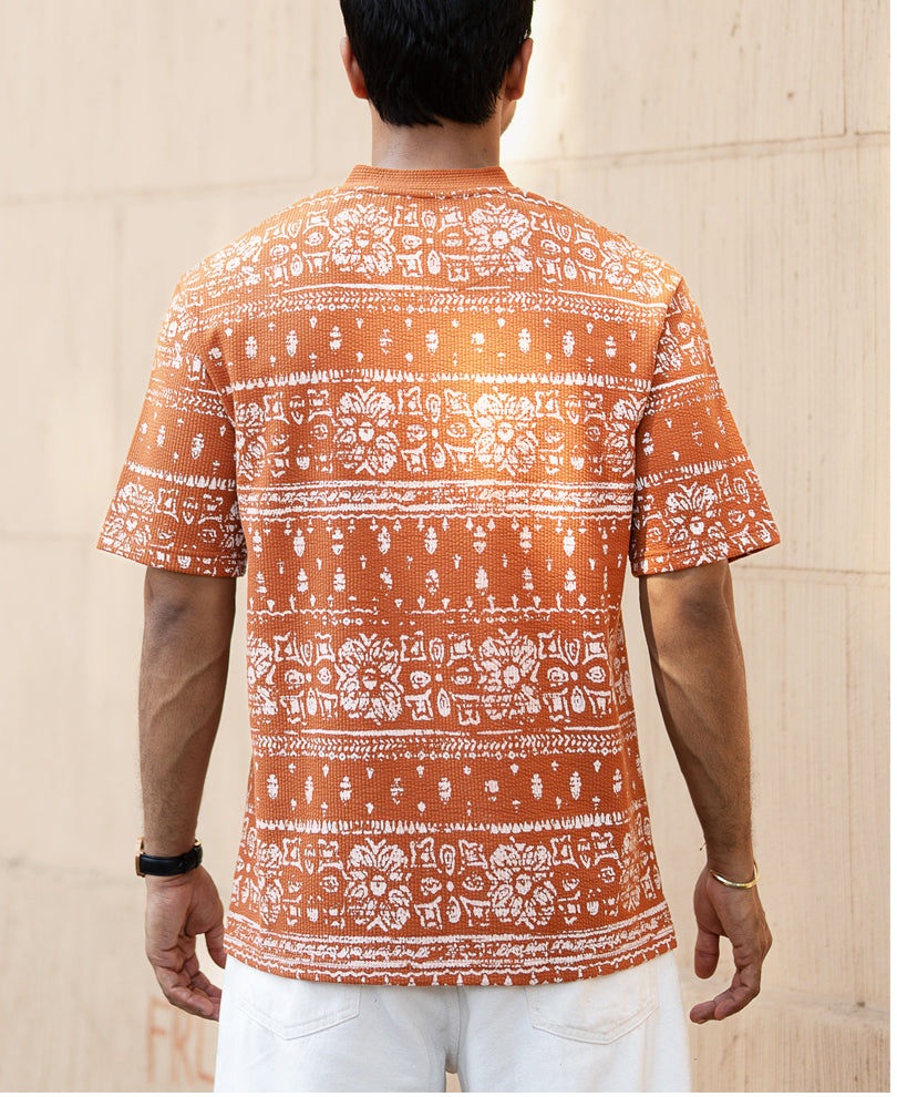 Tan Printed Henley T-Shirt