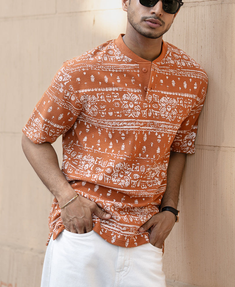 Tan Printed Henley T-Shirt