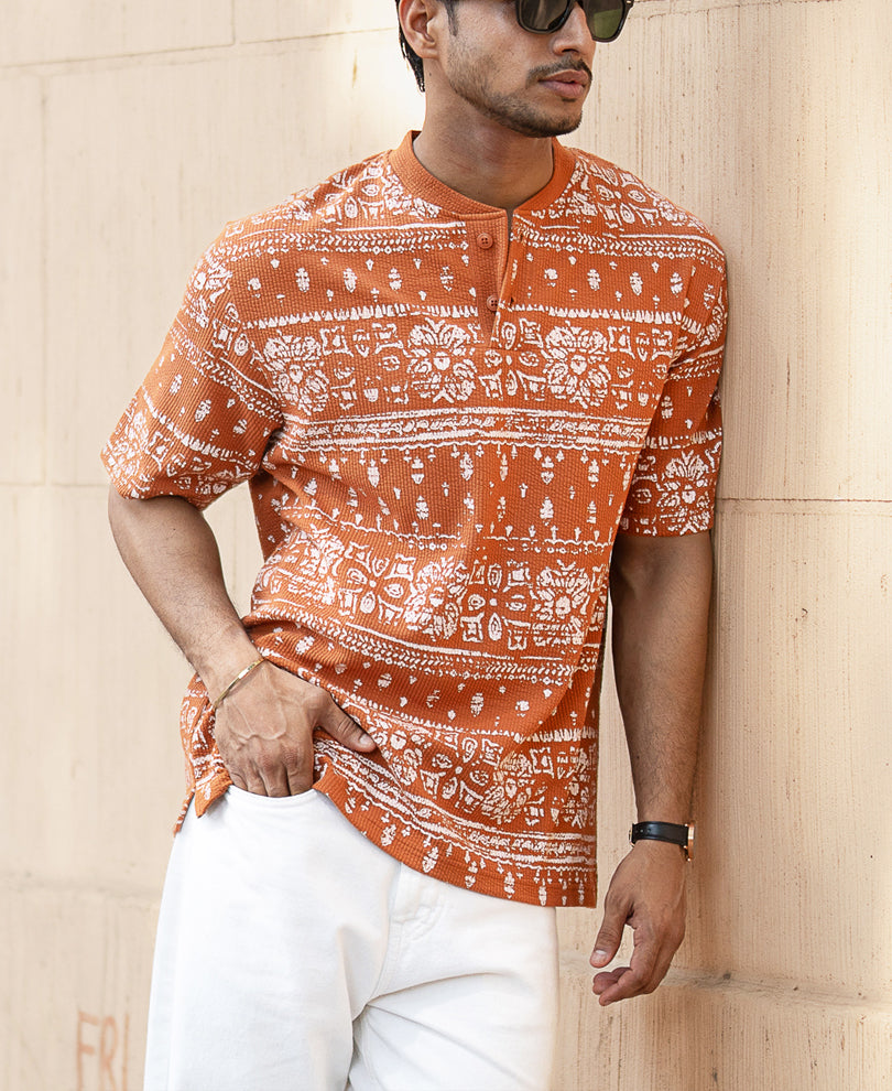 Tan Printed Henley T-Shirt