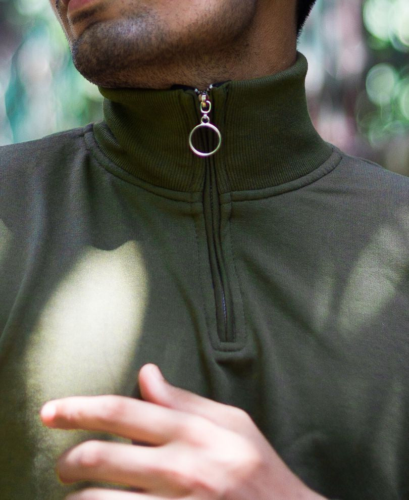 Plain Olive Green Turtle Neck With Zip Full Sleeves T Shirt