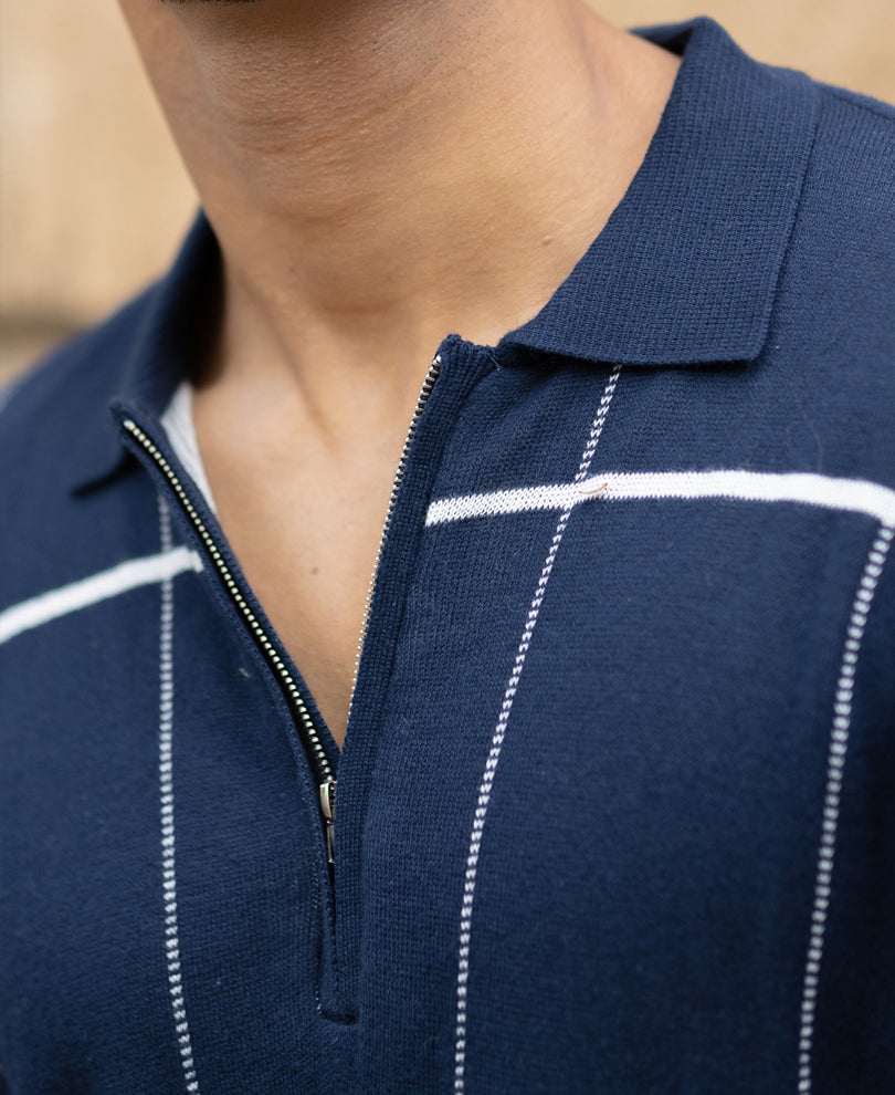 Navy Knitted Checks T-Shirt