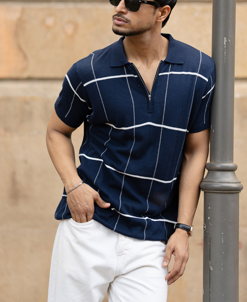 Navy Knitted Checks T-Shirt