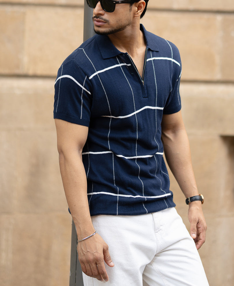 Navy Knitted Checks T-Shirt