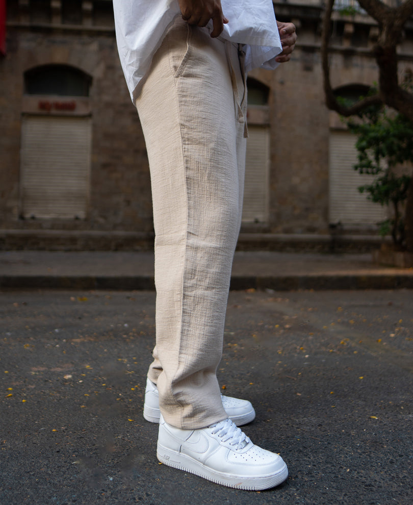 Beige Regular Fit Crinkled Trousers