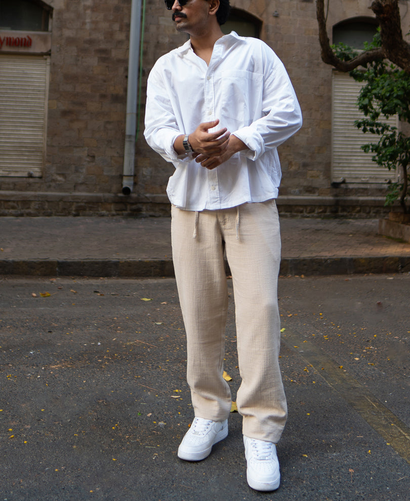 Beige Regular Fit Crinkled Trousers