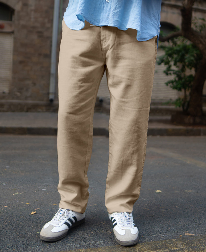 Beige Structured Trouser With Belt