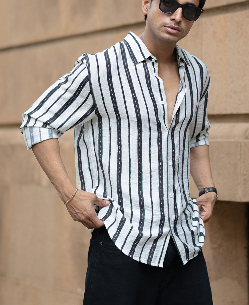 White And Black Striped Flowy Shirt