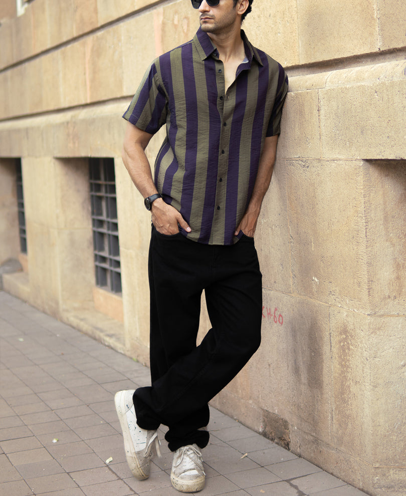 Olive And Navy Lightweight Stripe Shirt