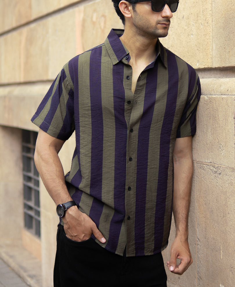 Olive And Navy Lightweight Stripe Shirt