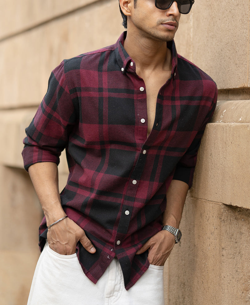 Wine And Black Checks Shirt