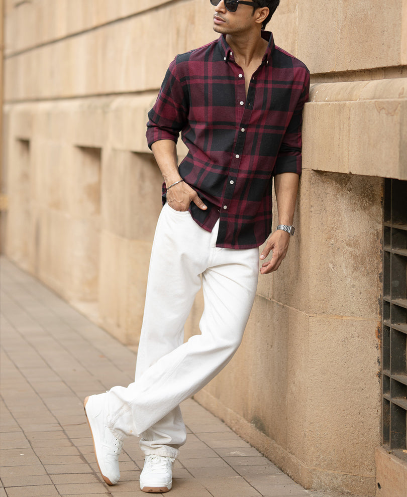 Wine And Black Checks Shirt