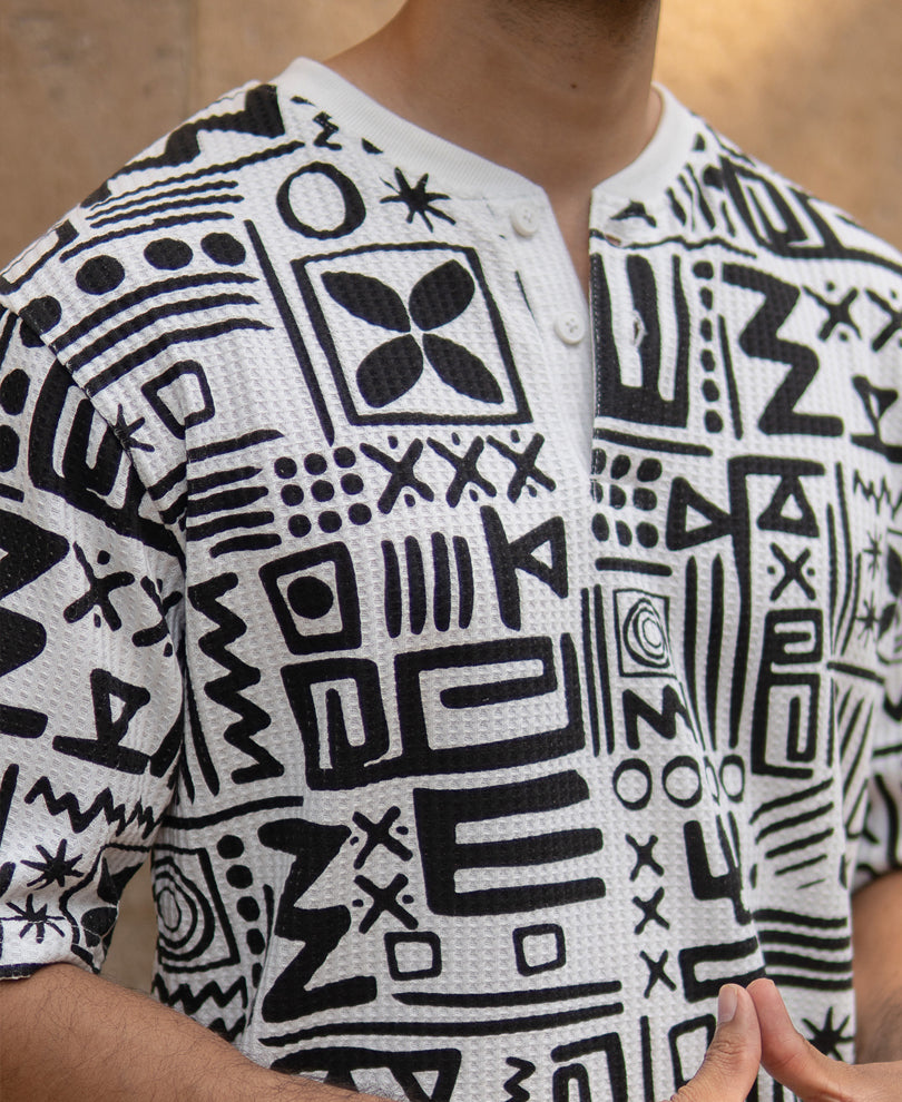 White And Black Printed Henley T-Shirt