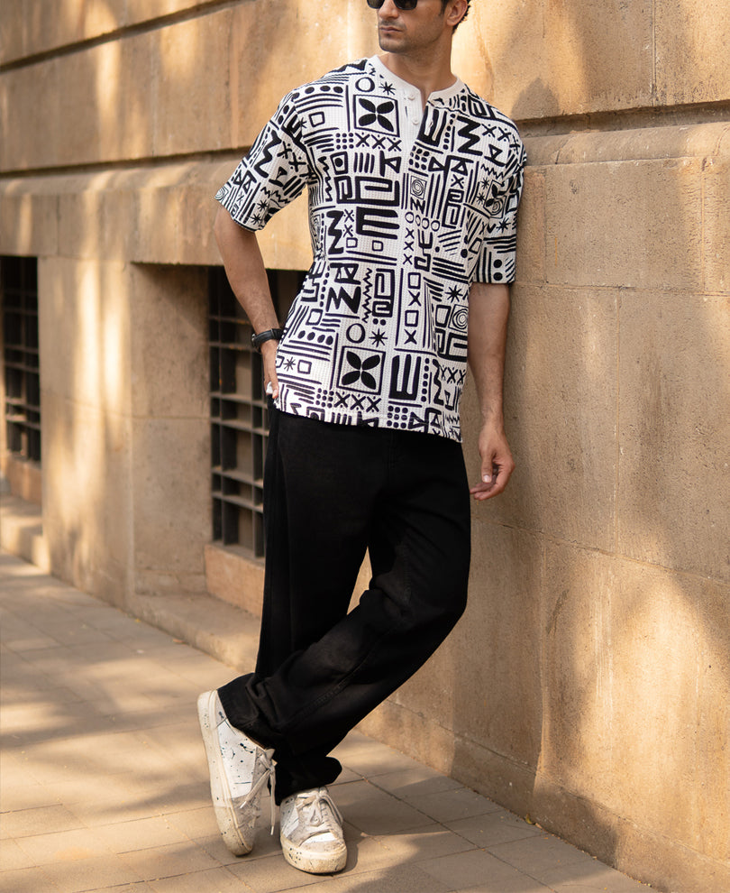 White And Black Printed Henley T-Shirt
