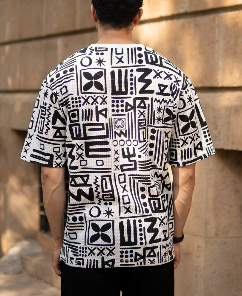 White And Black Printed Henley T-Shirt