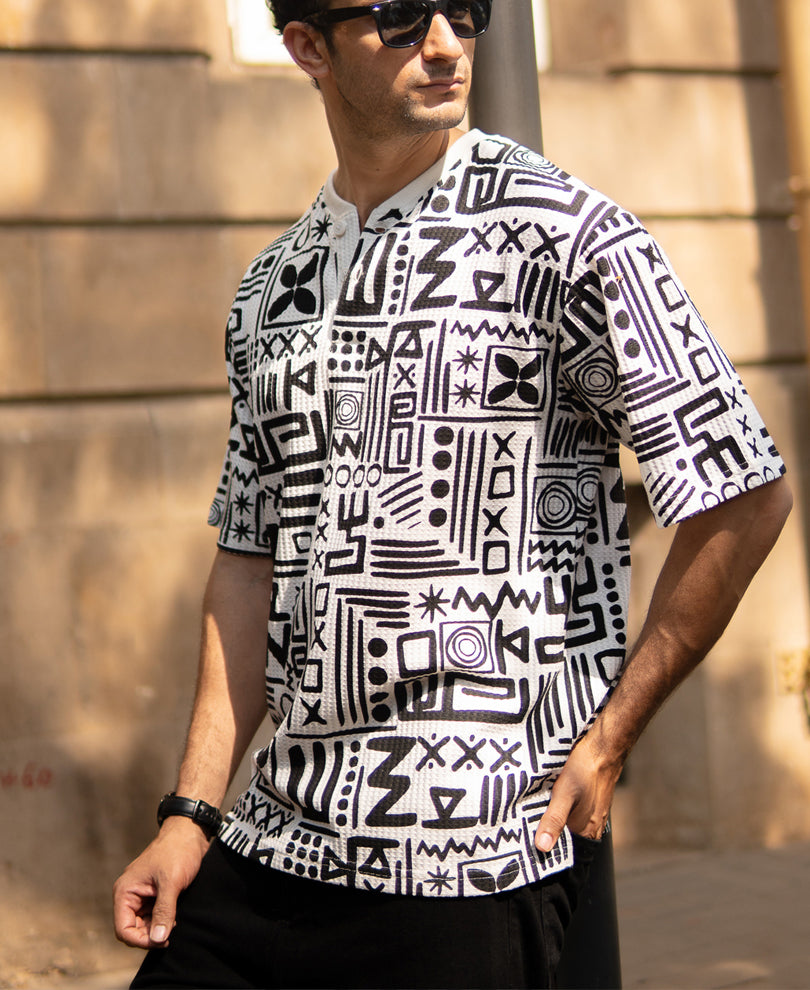White And Black Printed Henley T-Shirt