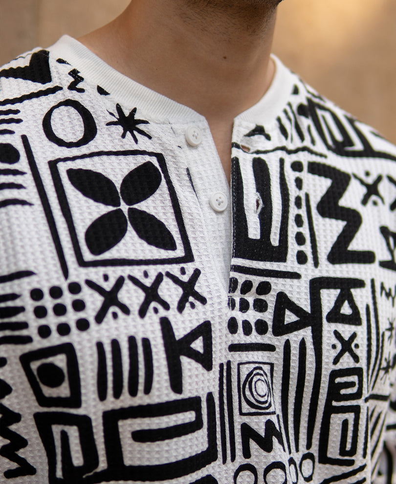 White And Black Printed Henley T-Shirt