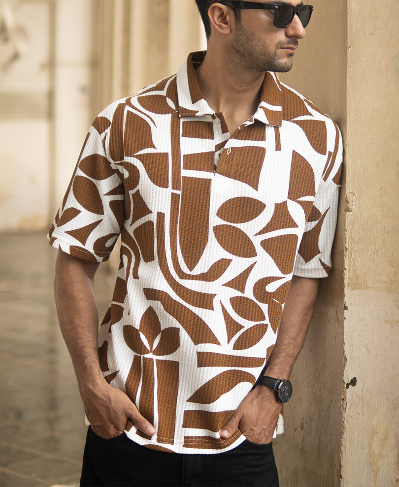 Tan Structure Printed Polo T-Shirt