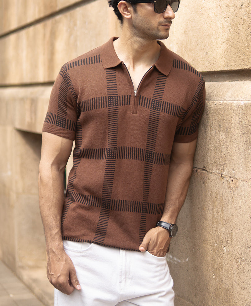 Brown Knitted Polo T-Shirt