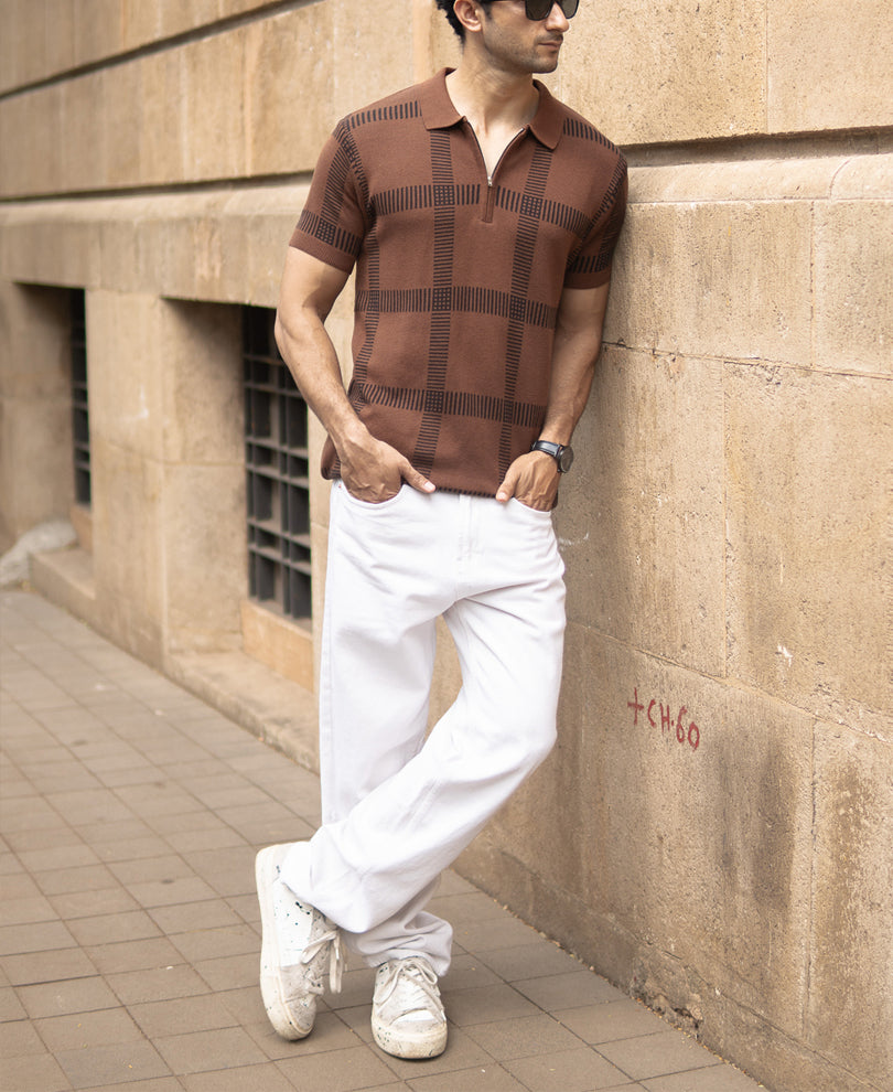 Brown Knitted Polo T-Shirt