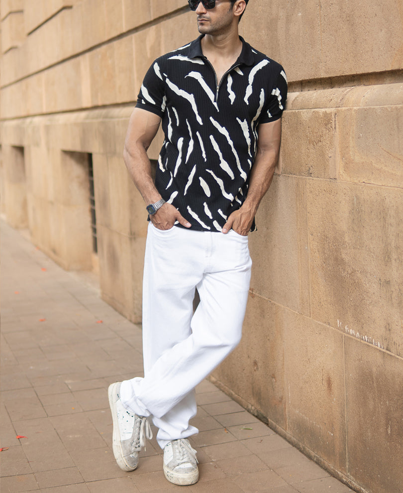 Black Structured Abstract Polo T-Shirt