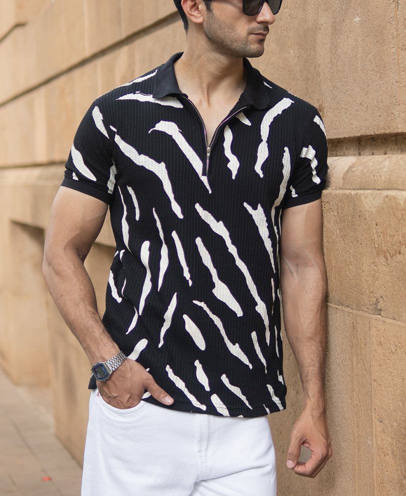 Black Structured Abstract Polo T-Shirt