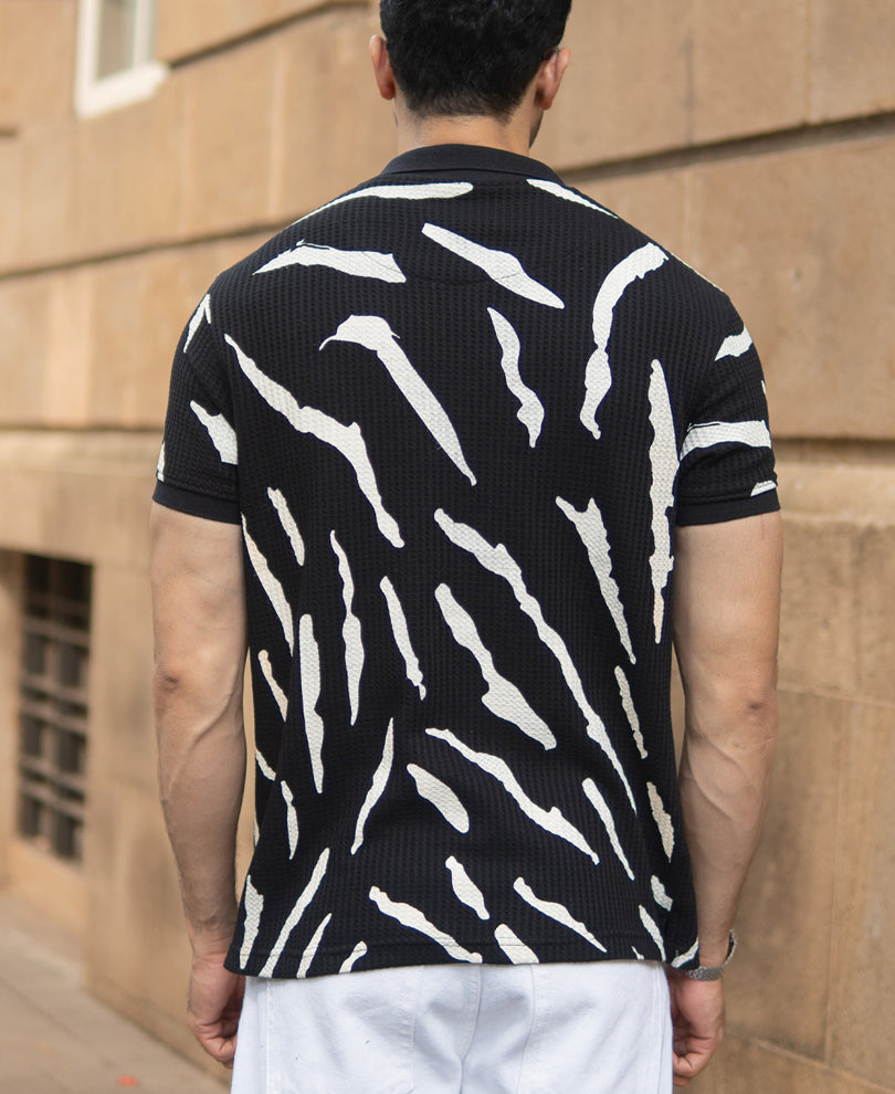 Black Structured Abstract Polo T-Shirt