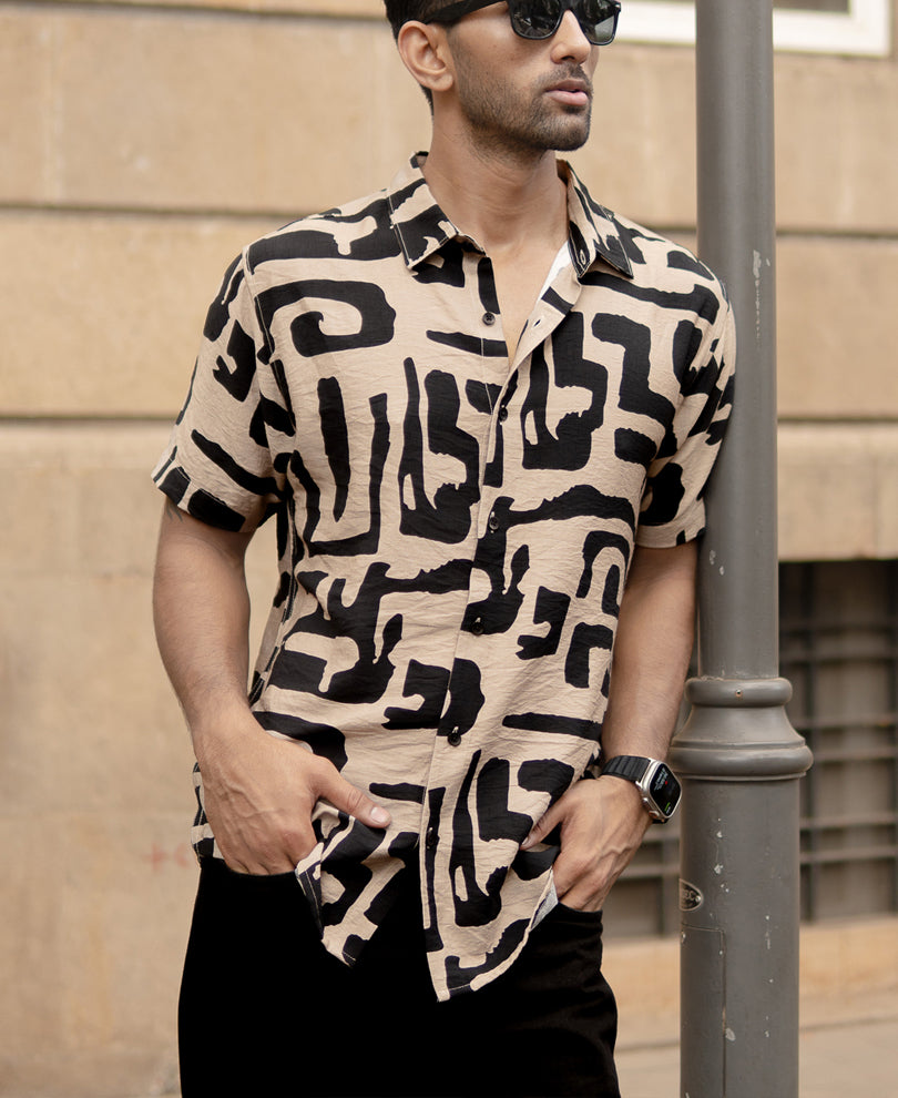 Beige Abstract Print Flowy Shirt