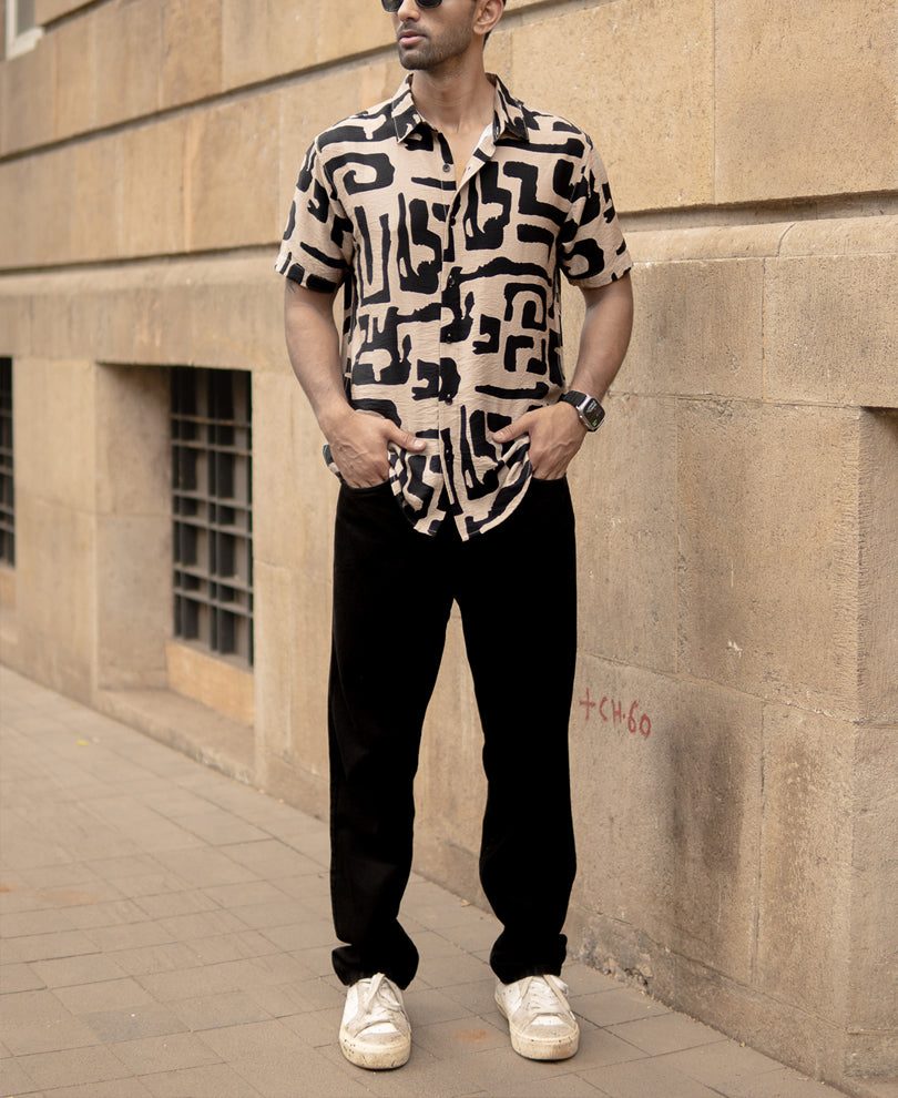 Beige Abstract Print Flowy Shirt