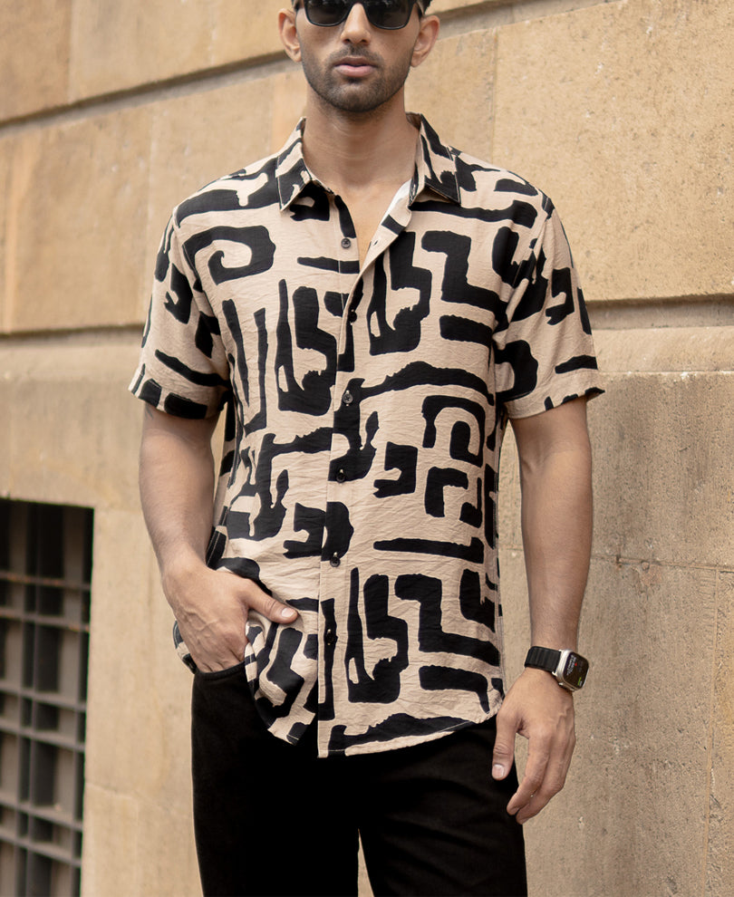 Beige Abstract Print Flowy Shirt