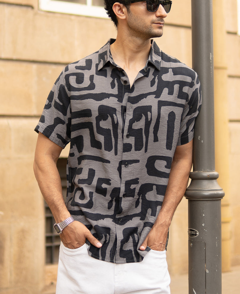 Grey Abstract Print Flowy Half Sleeves Shirt