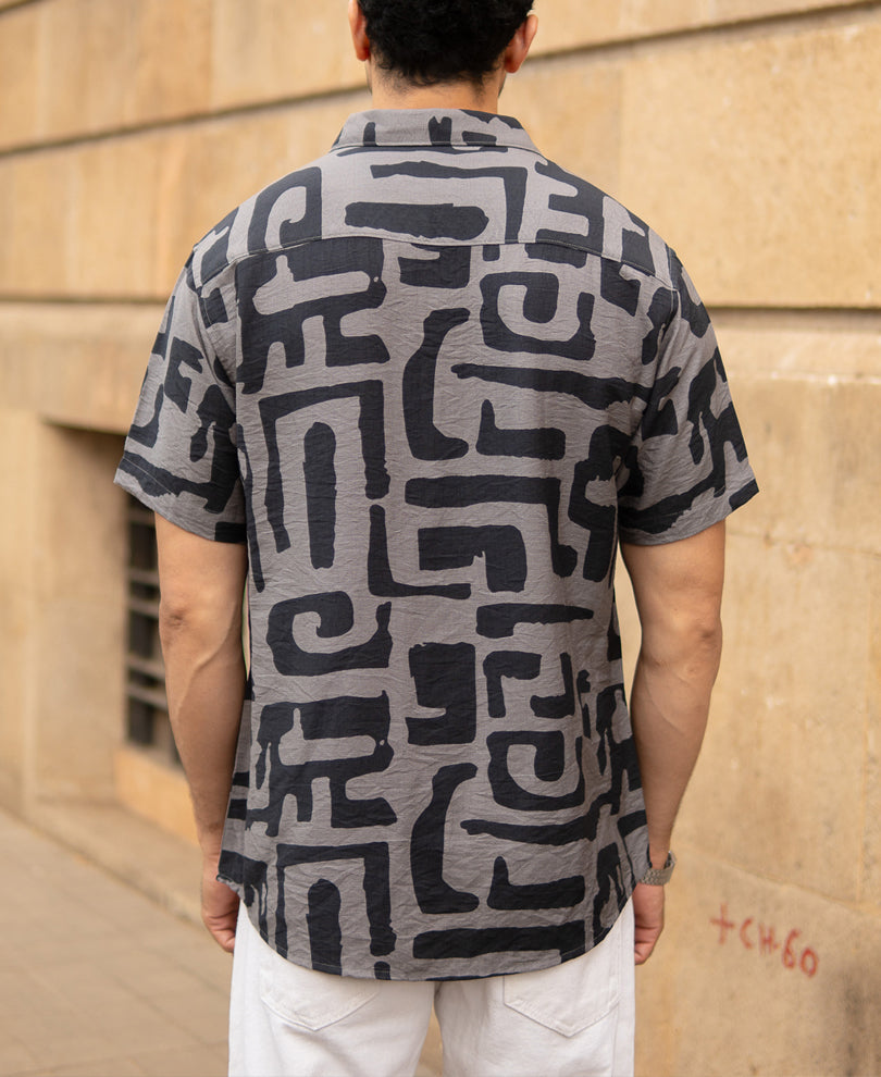 Grey Abstract Print Flowy Half Sleeves Shirt
