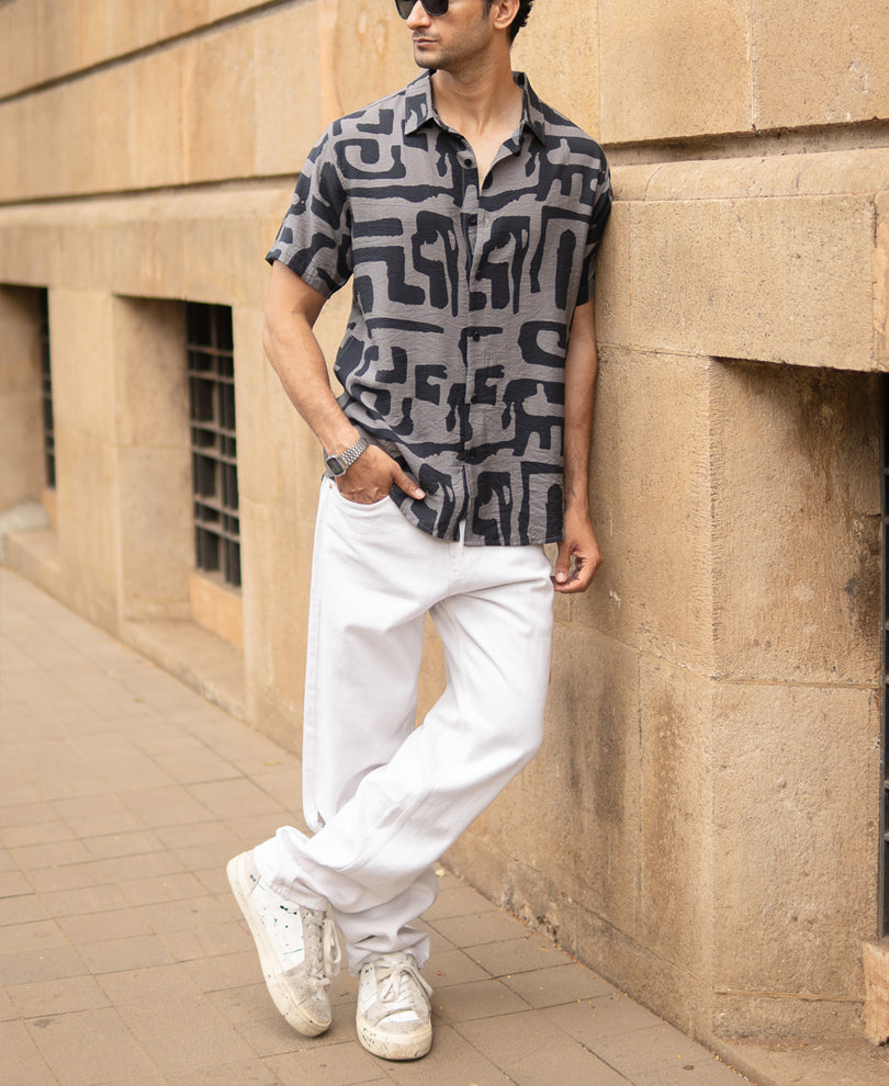 Grey Abstract Print Flowy Half Sleeves Shirt