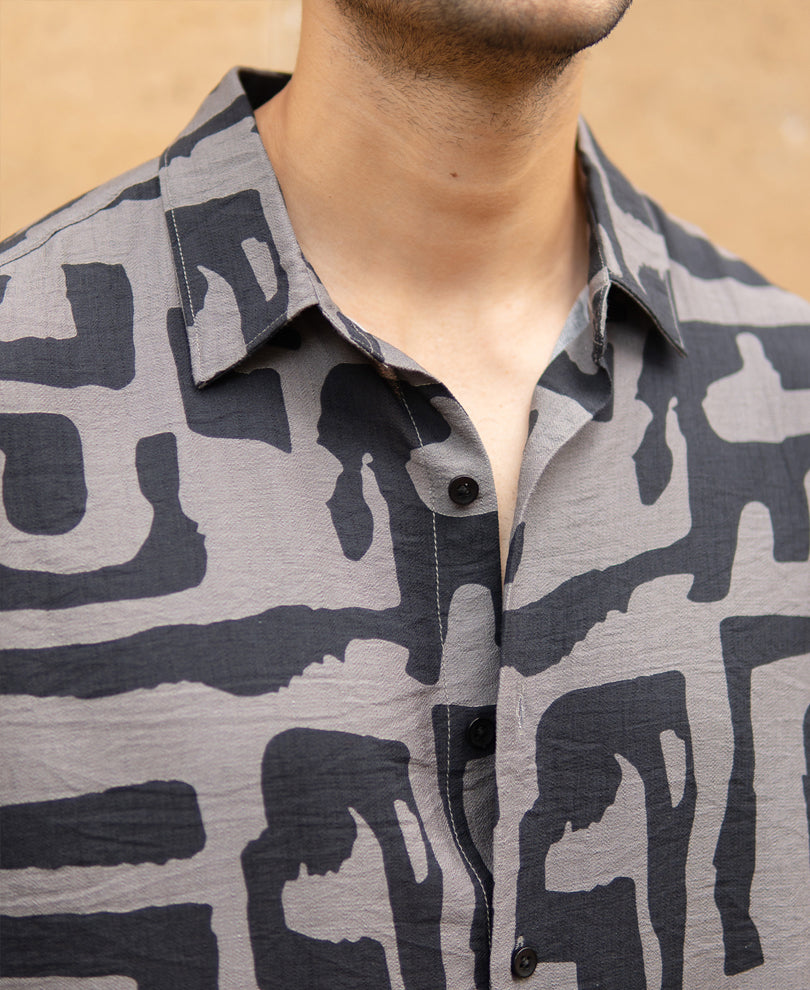 Grey Abstract Print Flowy Half Sleeves Shirt