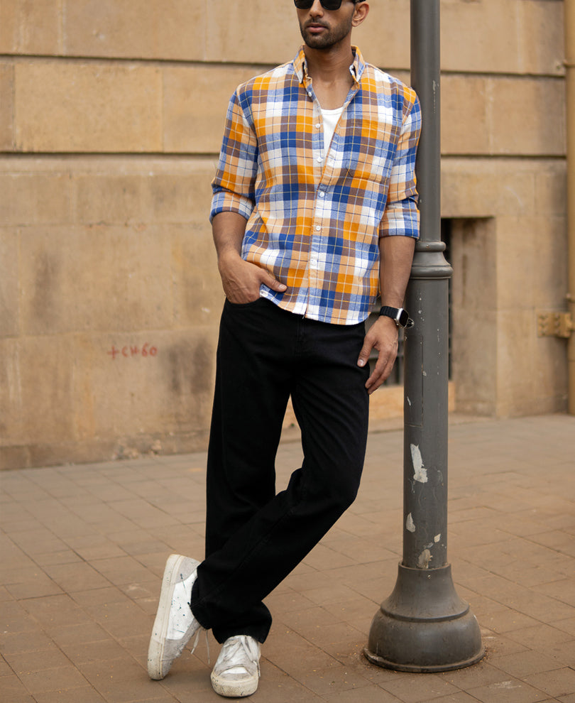 Ochre And Blue Checks Shirt