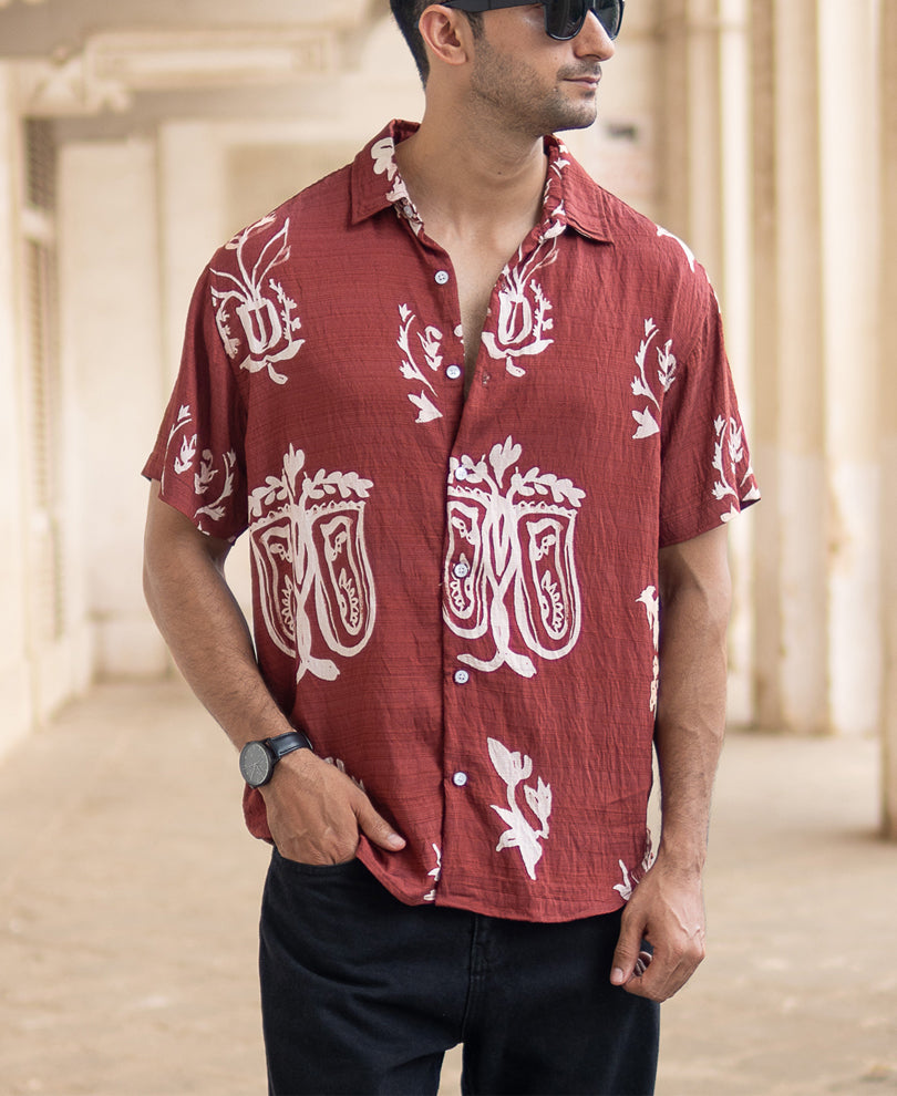 Brick Red Printed Flowy Shirt