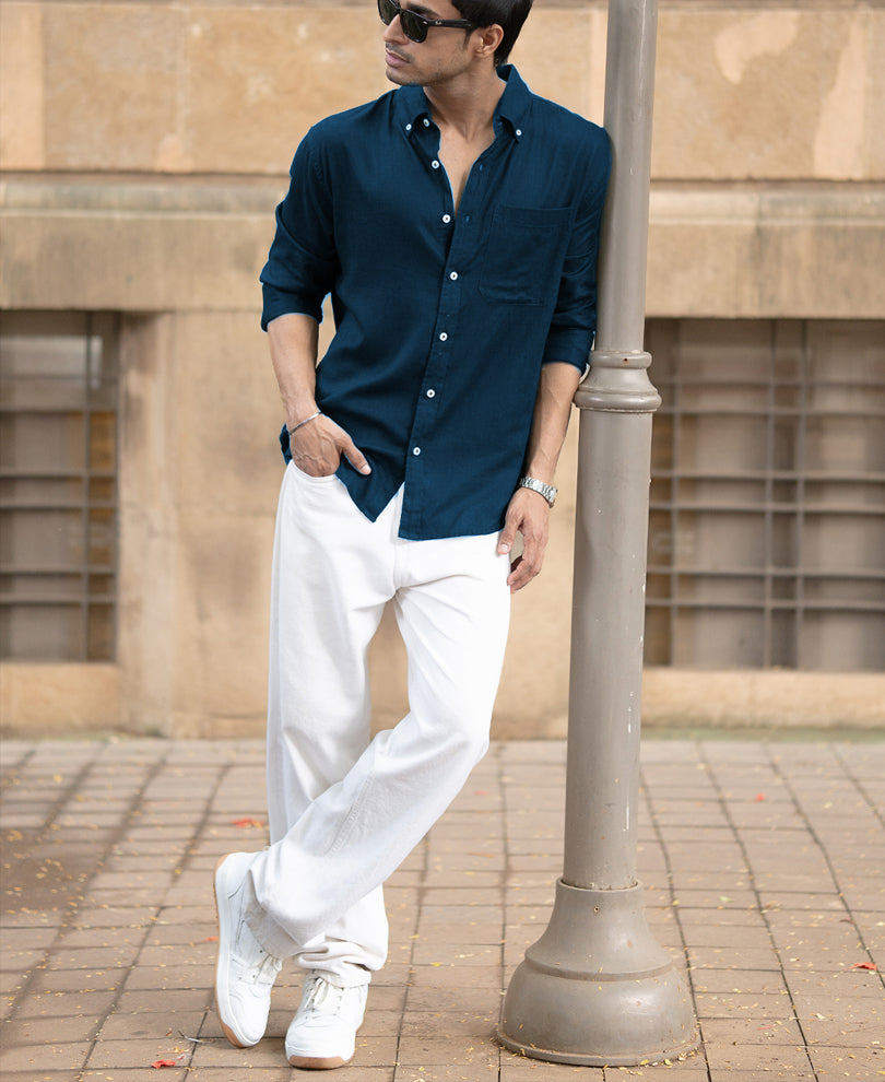 Airforce Blue Linen Blend Shirt