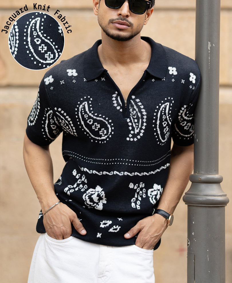 Navy Paisley Jacquard Knit T-Shirt