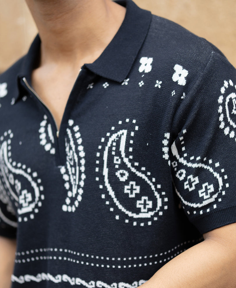 Navy Paisley Jacquard Knit T-Shirt