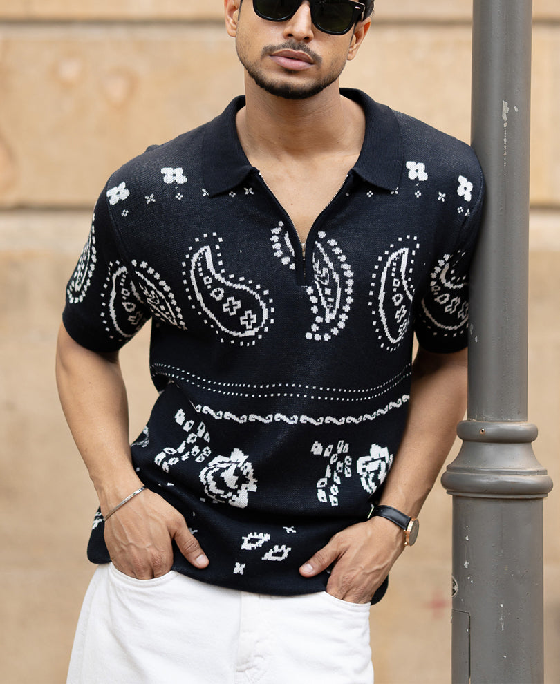 Navy Paisley Jacquard Knit T-Shirt