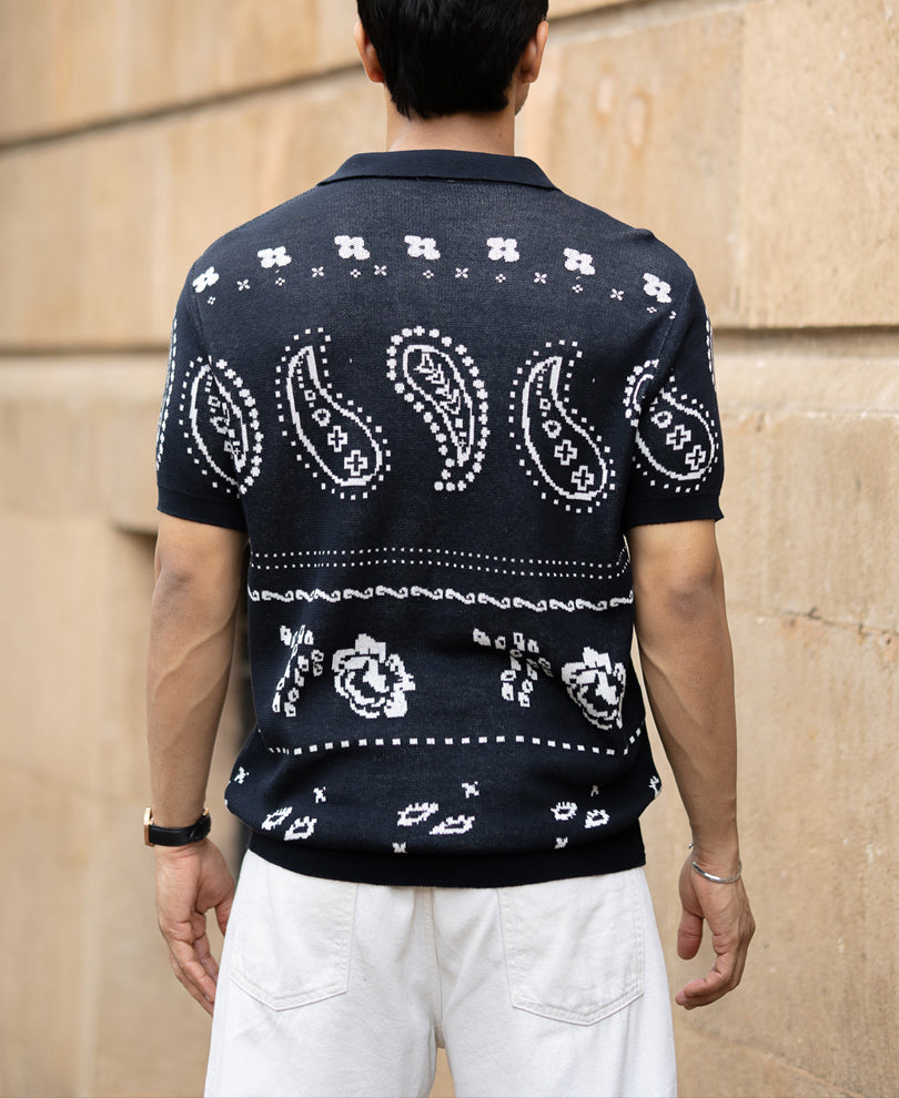 Navy Paisley Jacquard Knit T-Shirt