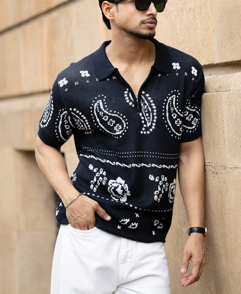 Navy Paisley Jacquard Knit T-Shirt