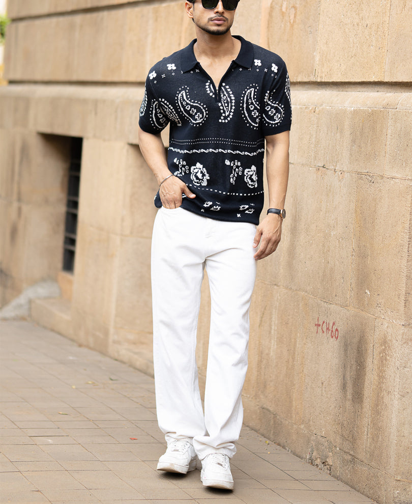 Navy Paisley Jacquard Knit T-Shirt