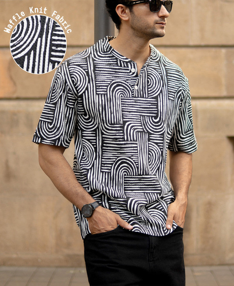 White And Black Printed Henley Oversized T-Shirt