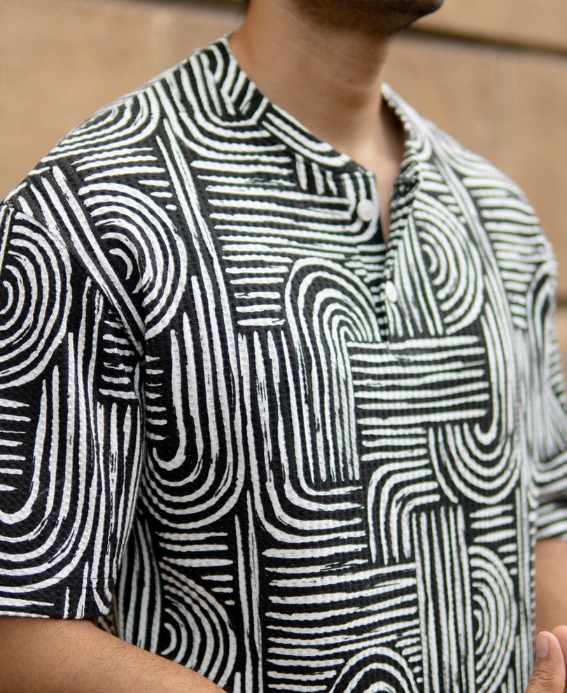 White And Black Printed Henley Oversized T-Shirt