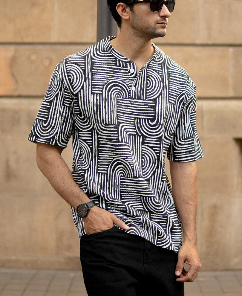 White And Black Printed Henley Oversized T-Shirt