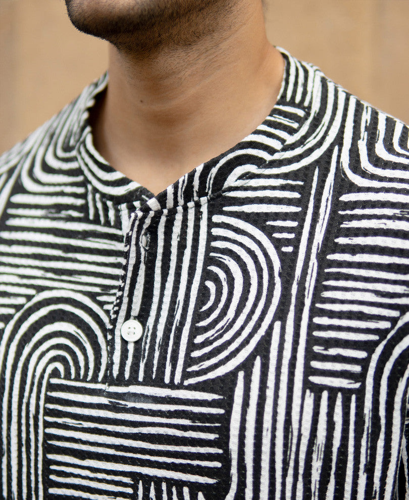 White And Black Printed Henley Oversized T-Shirt